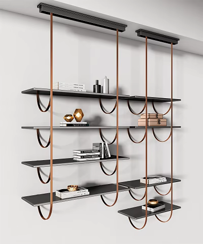 Elegant Modern Bookcase With Black Shelves Copper Brackets Books And Decorative Items 3d model