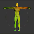 Red Haired Character in Green and Gray Suit With Yellow Accents Arms Outstretched Standing Pose