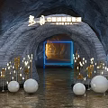 China International Aviation Cave Entrance With Archway Blue Lighting And White Spherical Decorations
