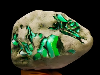 Natural Stone with Green Accents Placed on Wooden Decorative Display Base 3d model