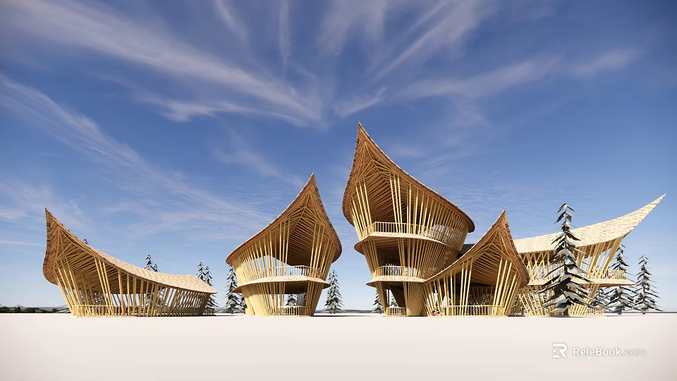 Unique Bamboo Buildings With Curved Roof Design Against Blue Sky And Trees 3d model 
