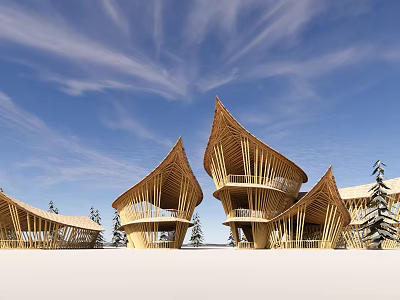 Unique Bamboo Buildings With Curved Roof Design Against Blue Sky And Trees 3d model