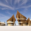 Unique Bamboo Buildings With Curved Roof Design Against Blue Sky And Trees