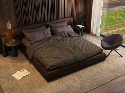 Dark Brown Double Bed With Plush Bedding Gray Pillows Wooden Wall And Light Rug 3d model