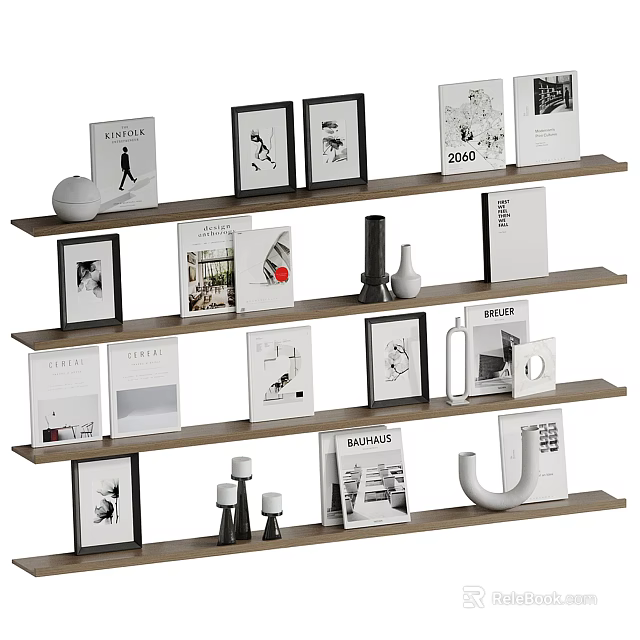 Modern Minimalist Wall Cabinets With Decorative Items Photo Frames And Books 3d model 