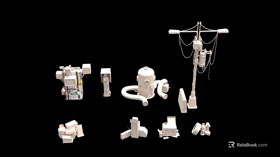 White Assorted Mechanical Model Components with Diverse Shapes on Black Background 3d model 