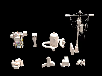 White Assorted Mechanical Model Components with Diverse Shapes on Black Background 3d model