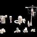 White Assorted Mechanical Model Components with Diverse Shapes on Black Background