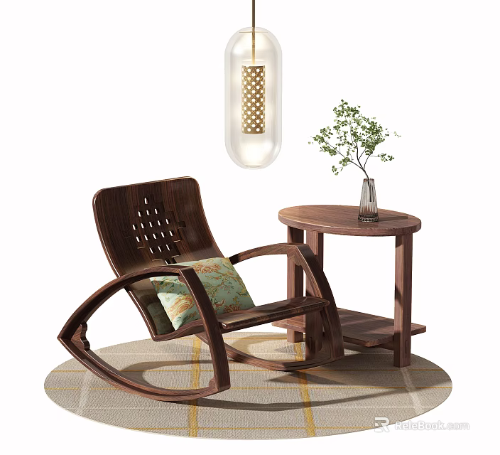 Wooden Rocking Chair With Green Cushion And Side Table For Relaxation 3d model 