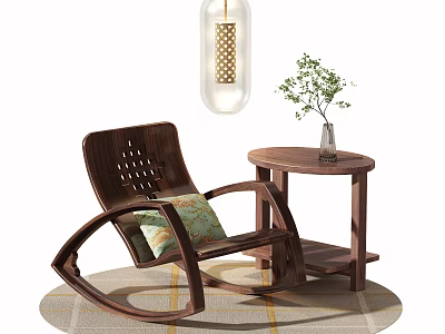 Wooden Rocking Chair With Green Cushion And Side Table For Relaxation 3d model