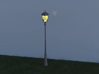 Lit Outdoor Lamp With Yellow Light Metal Pole Standing On Green Grass Against Blue Wall 3d model