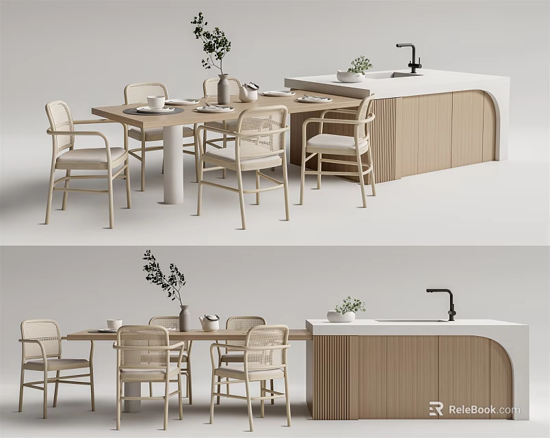 Modern Minimalist Dining Table Set With Light Wooden Chairs And Matching Cabinet 3d model 