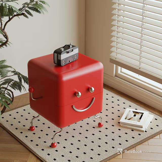 Red Bedside Table With Smile Design Radio On Top Near Polka Dot Rug And Plant 3d model 