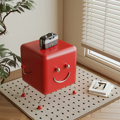 Red Bedside Table With Smile Design Radio On Top Near Polka Dot Rug And Plant 3d model