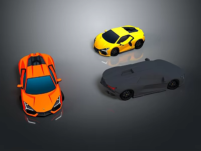 Three Stylish Cars Including Orange Convertible Yellow Sports And Gray Sedan Models 3d model