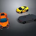 Three Stylish Cars Including Orange Convertible Yellow Sports And Gray Sedan Models