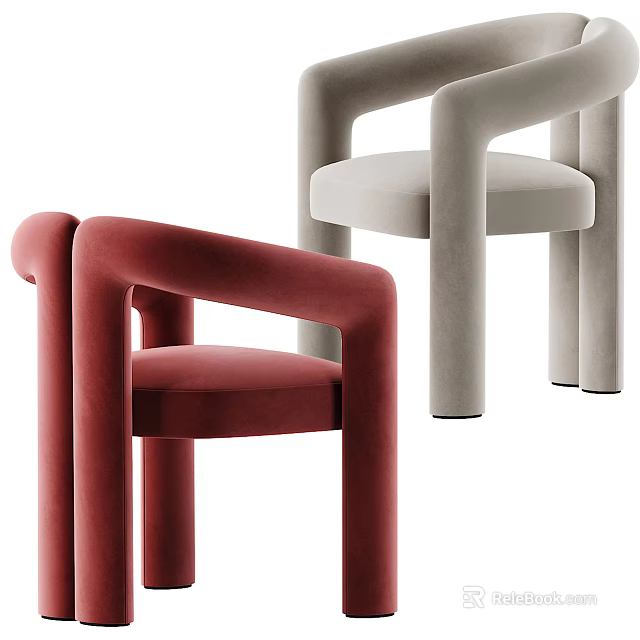 Modern Leisure Chairs Red And Light Gray Velvet Upholstered With Curved Armrests And Backrests 3d model 