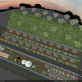 Aerial View Planning of Scenic Resort with Parking Lot Red Cars Trees and Buildings