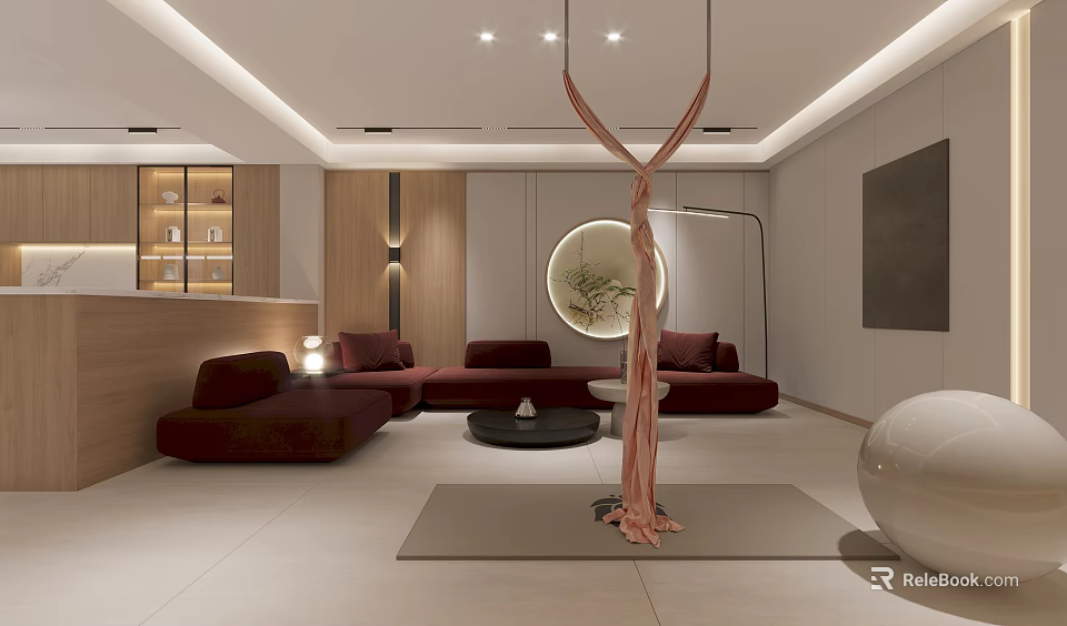 Modern Basement Interior Design With Red Sofas Round Mirror And Decorative Plant 3d model 