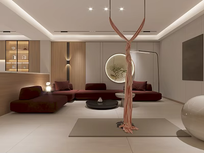 Modern Basement Interior Design With Red Sofas Round Mirror And Decorative Plant 3d model