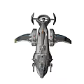 Futuristic Aircraft with Sleek Gray Body Unique Wing Structure Orange Accents and Detailed Weapon Systems
