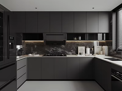 Modern Dark Kitchen Interior With Marble Backsplash Stove Window Blinds And Cabinets 3d model