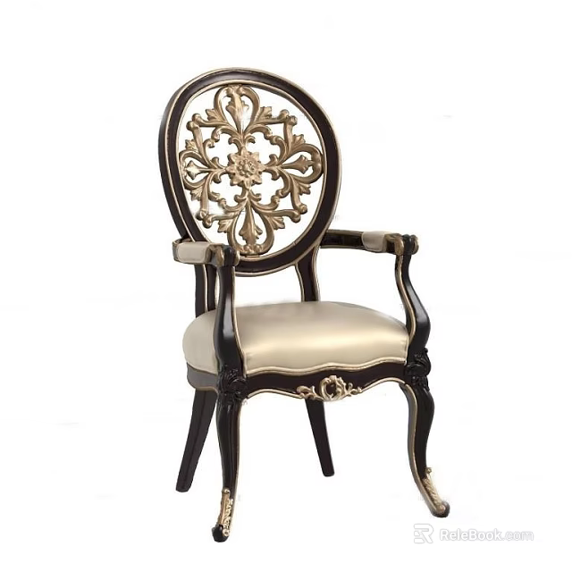 Classic European Style Dining Chair With Carved Floral Backrest Gold Accents And Light Upholstery 3d model 