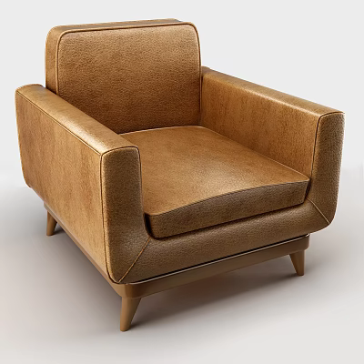 Single Sofa Brown Leather Upholstered with Armrests and Wooden Legs Modern Living Room Furniture 3d model