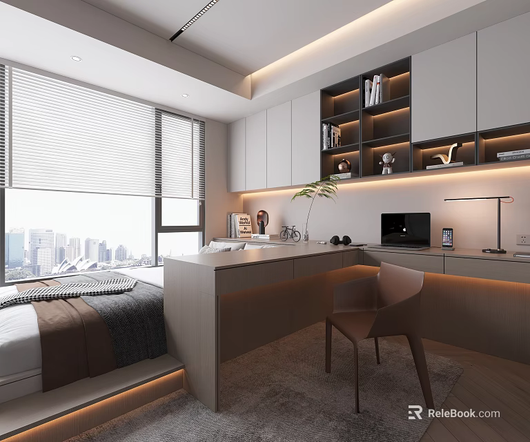 Modern Tatami Bedroom Interior With Tatami Bed Desk And City View Window 3d model 