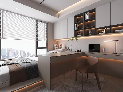 Modern Tatami Bedroom Interior With Tatami Bed Desk And City View Window 3d model