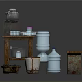 Wooden Workbench With Red Liquid Container Transparent Containers Blue Buckets Metal Tools And Clay Pot
