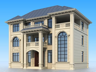 Classic European Detached Villa Exterior Featuring Balcony Large Windows Porch And Ornate Design 3d model