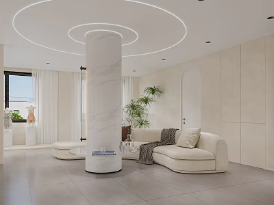 Modern Beauty Hair Salon Interior Featuring Elegant Marble Column Comfortable Sofa And Green Plants 3d model