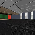 Spacious Conference Room With Arranged Gray Seats Green Red Curtains White Acoustic Ceiling Recessed Lighting