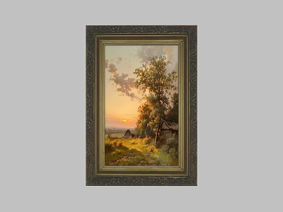 Landscape Oil Painting With Sunset Trees Cabin Green Meadow And Golden Sky 3d model
