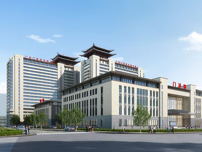 Traditional Roof Modern High Rise Public Building With Red Signage Greenery And Pedestrians 3d model