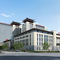 Traditional Roof Modern High Rise Public Building With Red Signage Greenery And Pedestrians