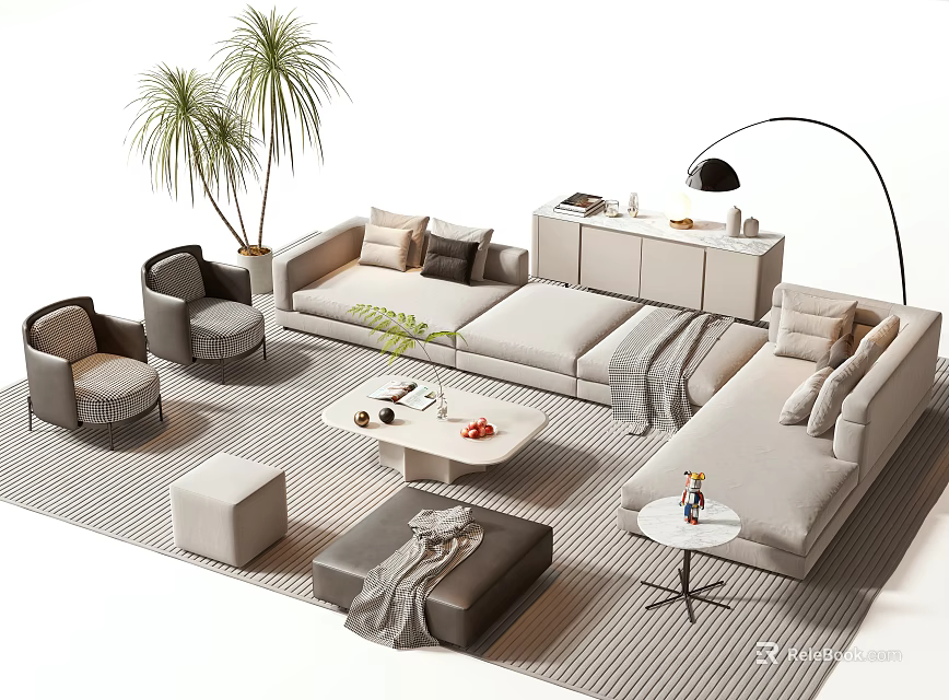 Modern Sofa Coffee Table Combination With Armchairs Floor Lamp Plant And Rug 3d model 