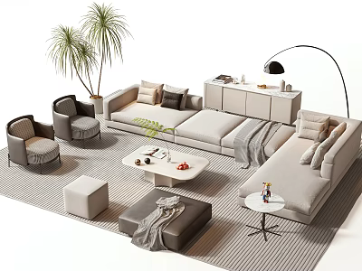 Modern Sofa Coffee Table Combination With Armchairs Floor Lamp Plant And Rug 3d model