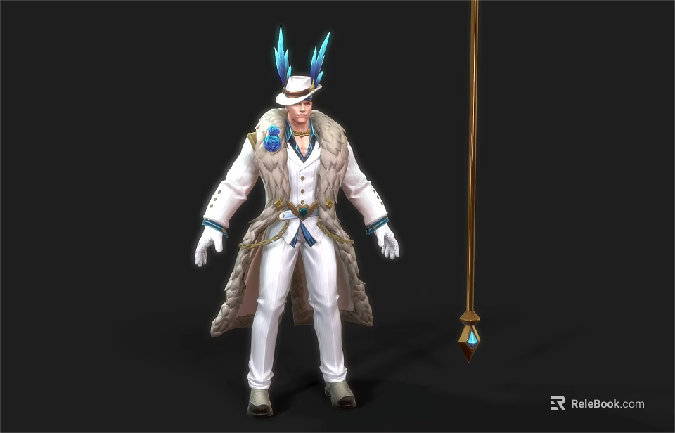 Mystical Character In White Coat With Blue Feather Creature Inspired Hat And Golden Cane 3d model 