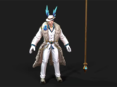 Mystical Character In White Coat With Blue Feather Creature Inspired Hat And Golden Cane 3d model