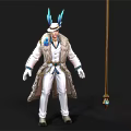 Mystical Character In White Coat With Blue Feather Creature Inspired Hat And Golden Cane