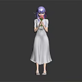 Purple Haired Girl In White Dress Holding Pink Flower Against Gray Background With Floor Reflection