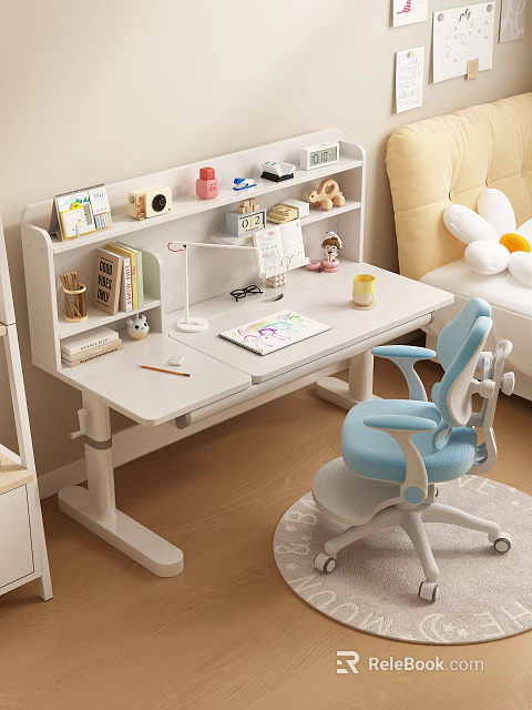 Kids Adjustable Study Desk With Bookshelf Chair And Stationery Organizer For Children's Learning Space 3d model 