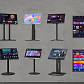 Other Multiple Smart Digital Screens Showing Different Content On Black Stands Against Gray Wall