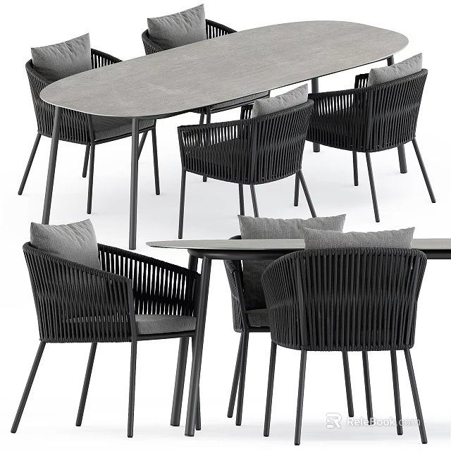 Modern Outdoor Dining Set With Gray Tabletop And Wicker Chairs With Cushions 3d model 