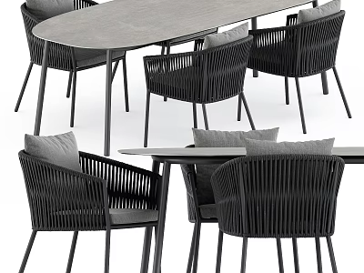 Modern Outdoor Dining Set With Gray Tabletop And Wicker Chairs With Cushions 3d model