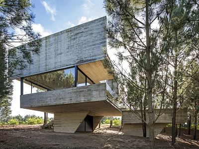 Modern Vacation Rental Building With Concrete Cantilevered Design Surrounded By Trees And Large Windows 3d model