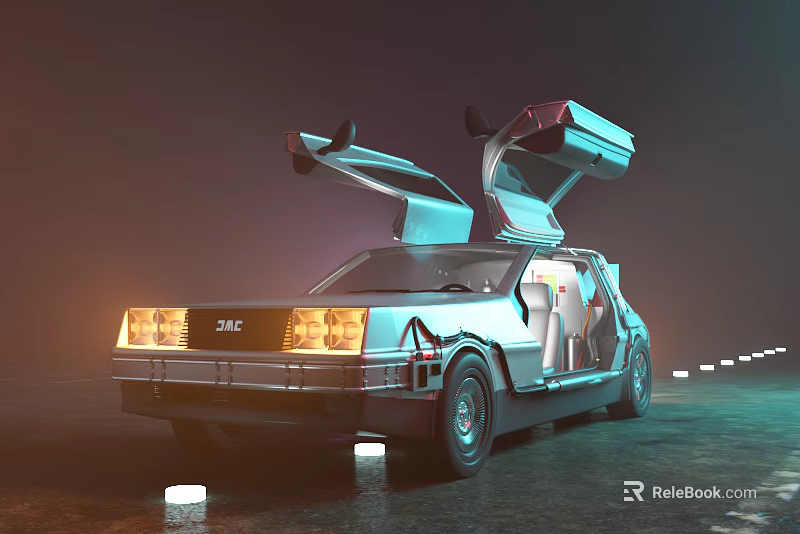 ZMC Sports Car With Gullwing Doors Open And Illuminated Headlights On Night Road 3d model 