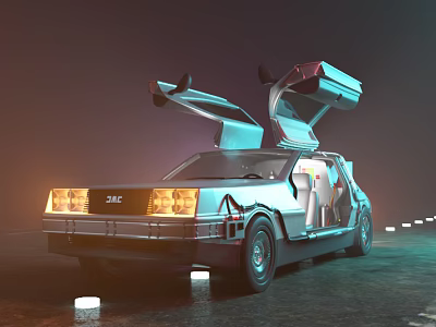 ZMC Sports Car With Gullwing Doors Open And Illuminated Headlights On Night Road 3d model